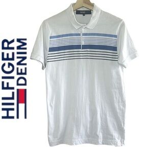 Hilfiger Denim White/Blue Strip Short Sleeve Polo Shirt Size M